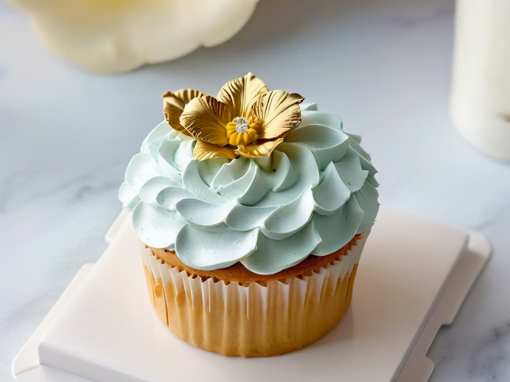  An ultradetailed closeup image of a mouthwatering, perfectly frosted cupcake, adorned with delicate edible flowers and shimmering gold leaf, set against a sleek, white marble background. The frosting is meticulously piped in intricate swirls, showcasing the precision and artistry of pastry decoration. The vibrant colors of the flowers pop against the monochromatic backdrop, creating a visually stunning and appetizing composition that epitomizes the artistry and attention to detail found in highend pastry creations. hyperrealistic, full body, detailed clothing, highly detailed, cinematic lighting, stunningly beautiful, intricate, sharp focus, f/1. 8, 85mm, (centered image composition), (professionally color graded), ((bright soft diffused light)), volumetric fog, trending on instagram, trending on tumblr, HDR 4K, 8K