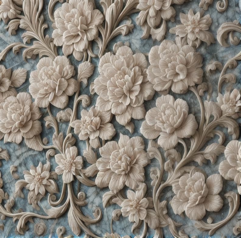  a close up of a wall with a bunch of flowers on it, carved marble texture silk cloth, intricate artwork, very intricate art, detailed and intricate image, intricate art, flowers with intricate detail,