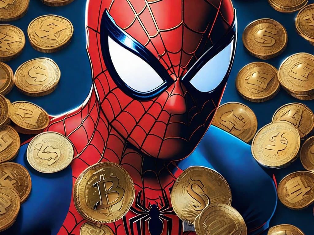  A close-up shot of Spider-Man's iconic red and blue mask, filled with golden coins symbolizing the impressive box office revenue of $805,000 from the re-release in the US.digital art, ilustration hyperrealistic, full body, detailed clothing, highly detailed, cinematic lighting, stunningly beautiful, intricate, sharp focus, f/1. 8, 85mm, (centered image composition), (professionally color graded), ((bright soft diffused light)), volumetric fog, trending on instagram, trending on tumblr, HDR 4K, 8K