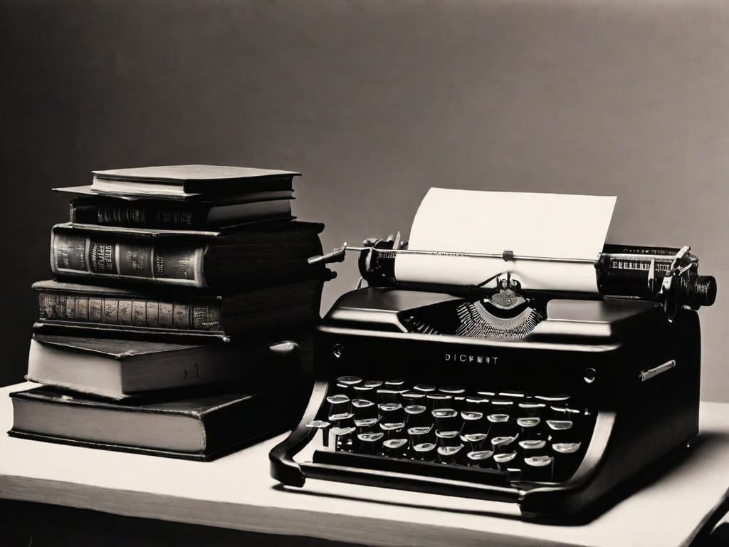  Theme: "The Dicotomia Between Form and Content in Literature"

Description: A black and white image captures the essence of this theme. The photo showcases a typewriter, symbolizing the form, positioned next to a stack of books, representing the content. The contrast between the mechanical device and the intellectual knowledge exemplifies the dichotomy between form and content in literature., ilustration, ultra-detailed, 4k hyperrealistic, full body, detailed clothing, highly detailed, cinematic lighting, stunningly beautiful, intricate, sharp focus, f/1. 8, 85mm, (centered image composition), (professionally color graded), ((bright soft diffused light)), volumetric fog, trending on instagram, trending on tumblr, HDR 4K, 8K