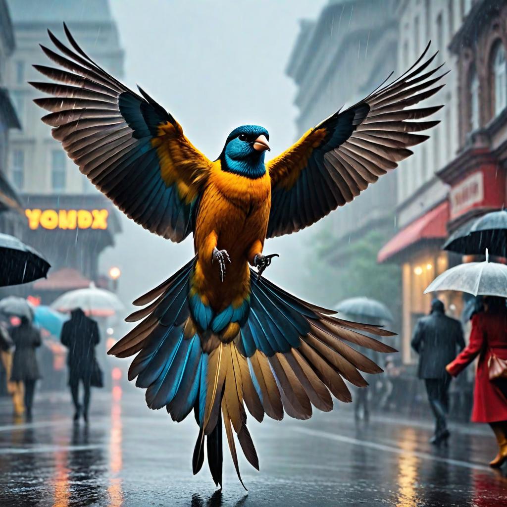  Happy birds flying on a rainy day. hyperrealistic, full body, detailed clothing, highly detailed, cinematic lighting, stunningly beautiful, intricate, sharp focus, f/1. 8, 85mm, (centered image composition), (professionally color graded), ((bright soft diffused light)), volumetric fog, trending on instagram, trending on tumblr, HDR 4K, 8K