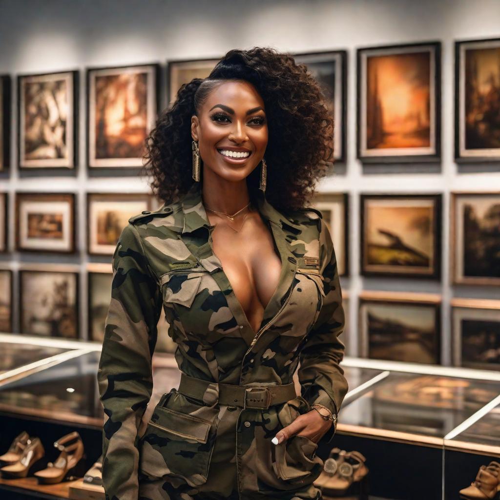  African American Woman smiling in camouflage shopping at a luxury gift shop with expensive paintings on the wall hyperrealistic, full body, detailed clothing, highly detailed, cinematic lighting, stunningly beautiful, intricate, sharp focus, f/1. 8, 85mm, (centered image composition), (professionally color graded), ((bright soft diffused light)), volumetric fog, trending on instagram, trending on tumblr, HDR 4K, 8K