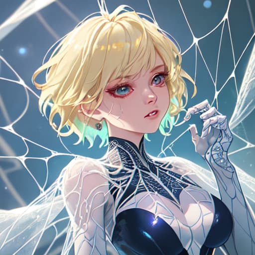  (best quality, masterpiece, colorful, dynamic angle, highest detailed) upper body photo, fashion photography of cute, intense short blonde hair, Gwendolyne Maxine StacySpider Gwen suit, (ultrahigh resolution textures), in dynamic pose, bokeh, glowing web, (intricate details, hyperdetailed:1.15), detailed, moonlight passing through hair, perfect night, fantasy background, (official art, extreme detailed, highest detailed), HDR+