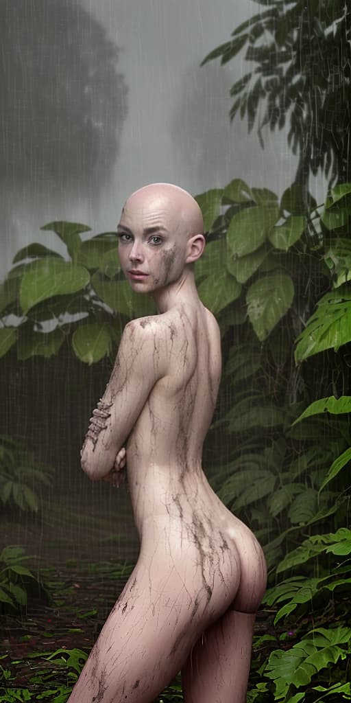  bald-girl, dirty, naked, with her back, it's raining, in the jungle, looking at me. show different poses