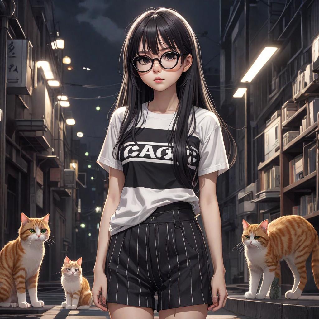  a cute girl with dark very long loose hair and double bangs and a small stature in a t-shirt with a white and black horizontal stripe and polarized glasses is sad with a cat in a cute anime style on a dark background with an, cute, hyper detail, full HD hyperrealistic, full body, detailed clothing, highly detailed, cinematic lighting, stunningly beautiful, intricate, sharp focus, f/1. 8, 85mm, (centered image composition), (professionally color graded), ((bright soft diffused light)), volumetric fog, trending on instagram, trending on tumblr, HDR 4K, 8K