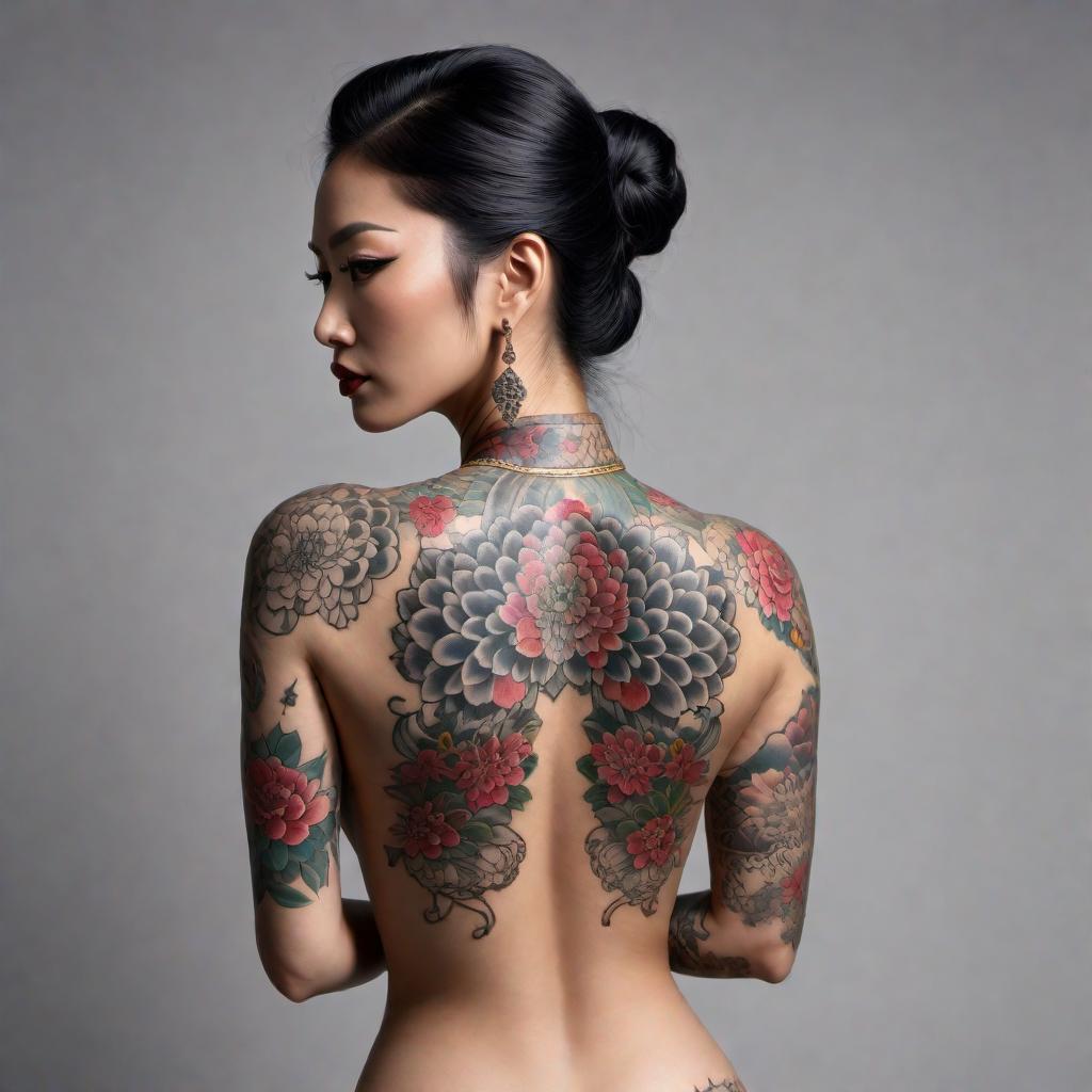  A Japanese woman with intricate tattoos twerking. Her tattoos are elaborate and cover her arms, legs, and part of her neck. The background is simple and unobtrusive to keep the attention on her and her actions. Realistic, high-detail portrait. hyperrealistic, full body, detailed clothing, highly detailed, cinematic lighting, stunningly beautiful, intricate, sharp focus, f/1. 8, 85mm, (centered image composition), (professionally color graded), ((bright soft diffused light)), volumetric fog, trending on instagram, trending on tumblr, HDR 4K, 8K