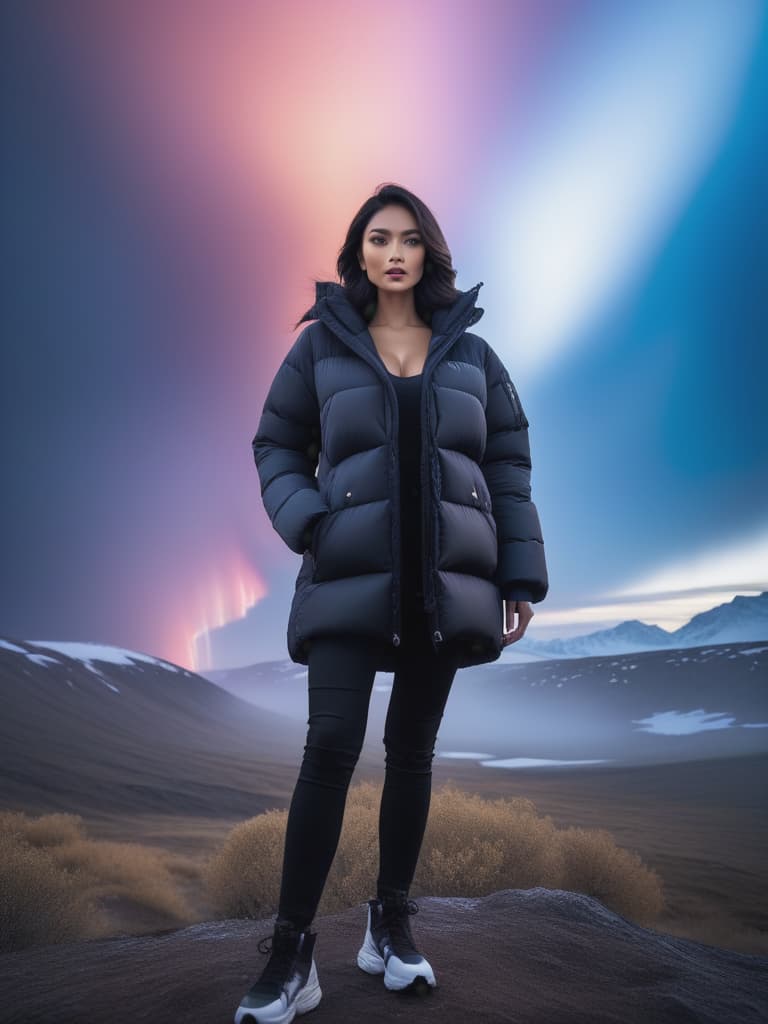  portrait,Young beautiful Asian girl in black lightweight puffer jacket hooded winter coat without logo embroidery,Standing in Sanna Northern Lights In North Pole,black hair, cinematic lighting, stunningly beautiful, intricate, sharp focus, f/1. 8, 85mm, (professionally color graded), ((bright soft diffused light)), volumetric fog, trending on instagram, trending on tumblr, HDR 4K, 8K hyperrealistic, full body, detailed clothing, highly detailed, cinematic lighting, stunningly beautiful, intricate, sharp focus, f/1. 8, 85mm, (centered image composition), (professionally color graded), ((bright soft diffused light)), volumetric fog, trending on instagram, trending on tumblr, HDR 4K, 8K