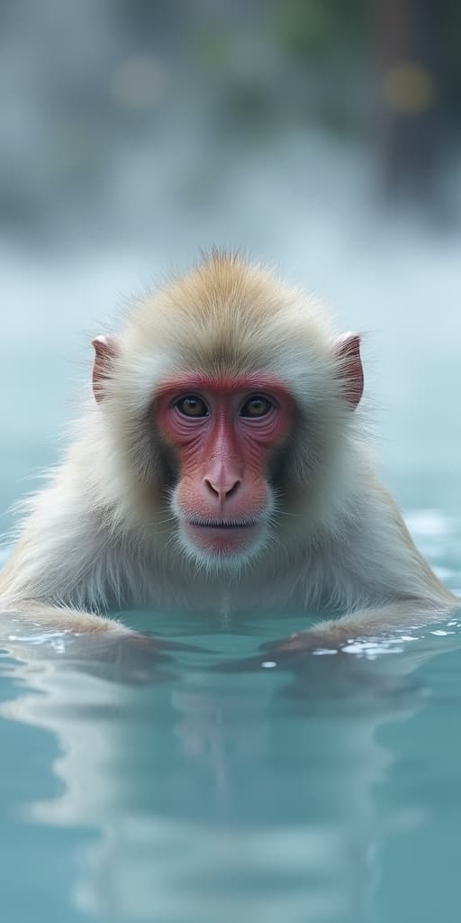  good quality, high quality, a curious snow monkey submerged in a hot spring