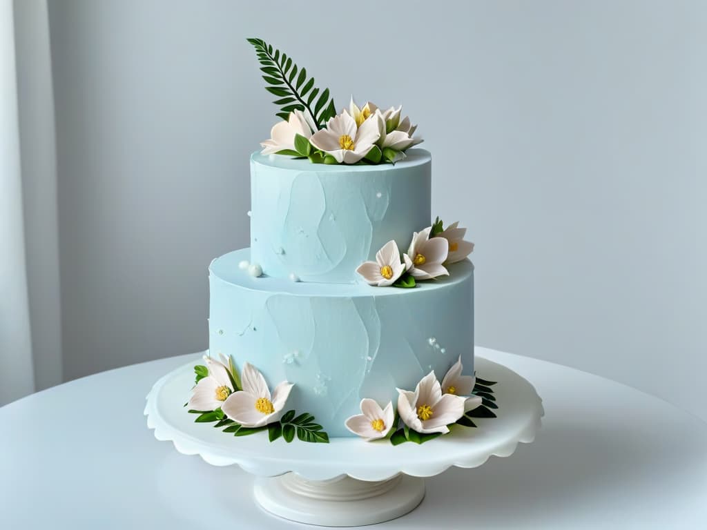  An ultradetailed, minimalist image of a perfectly crafted, intricately designed wedding cake, adorned with delicate sugar flowers in pastel hues, sitting atop a sleek marble cake stand. The flawless icing finish reflects a soft glow, highlighting the intricate details of each petal and leaf, creating a mesmerizing visual impact that embodies elegance and sophistication. hyperrealistic, full body, detailed clothing, highly detailed, cinematic lighting, stunningly beautiful, intricate, sharp focus, f/1. 8, 85mm, (centered image composition), (professionally color graded), ((bright soft diffused light)), volumetric fog, trending on instagram, trending on tumblr, HDR 4K, 8K