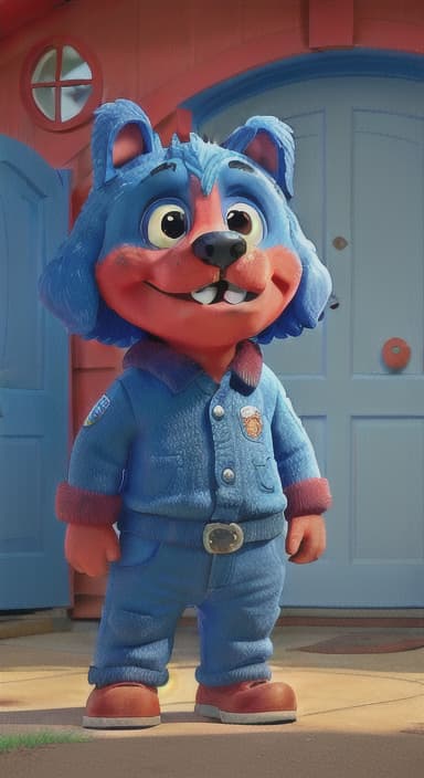  {Max the big blue dog standing in front of a cozy little house with a red door, The big blue dog is large with sky blue fur, big round eyes, a black nose, and floppy ears.