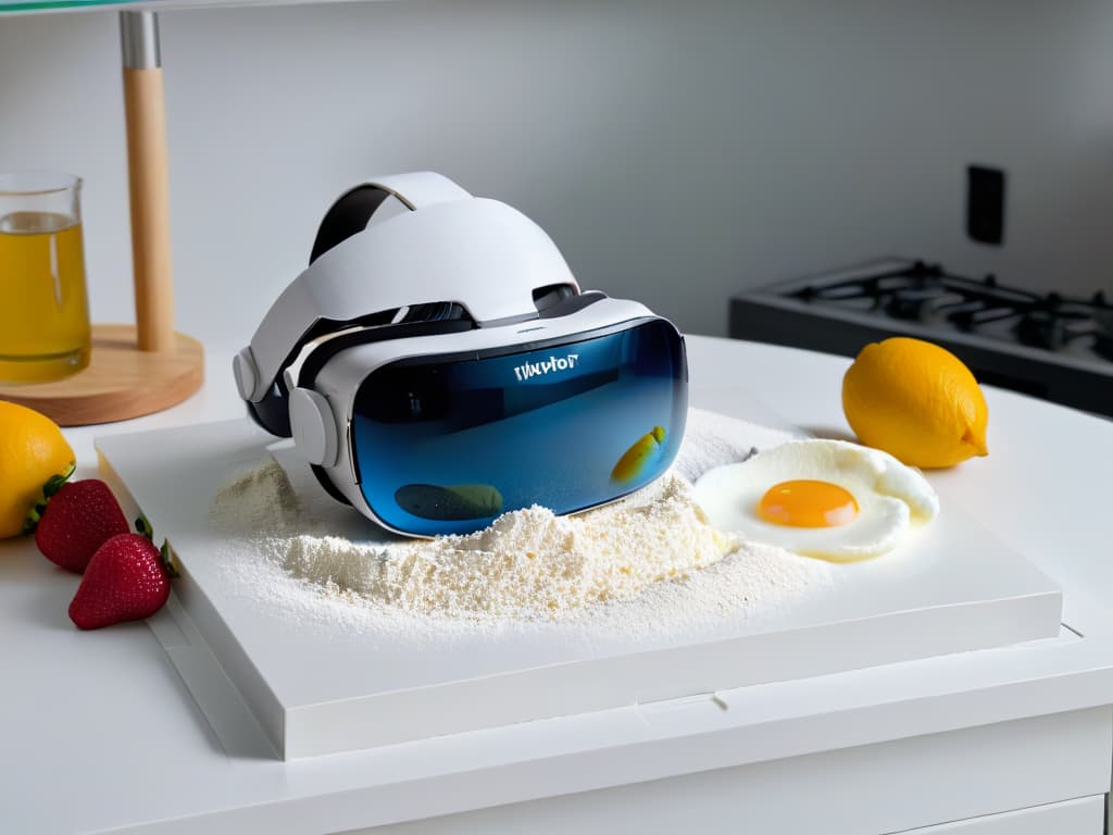  A highresolution, ultradetailed image showcasing a sleek, modern virtual reality headset placed on a kitchen counter next to an assortment of colorful baking ingredients like flour, sugar, eggs, and fresh fruits. The image captures the essence of blending technology with traditional baking elements, symbolizing the fusion of virtual reality and the art of pastry making. The minimalistic design highlights the contrast between the futuristic VR device and the natural, organic ingredients, creating a visually striking and thoughtprovoking composition. hyperrealistic, full body, detailed clothing, highly detailed, cinematic lighting, stunningly beautiful, intricate, sharp focus, f/1. 8, 85mm, (centered image composition), (professionally color graded), ((bright soft diffused light)), volumetric fog, trending on instagram, trending on tumblr, HDR 4K, 8K