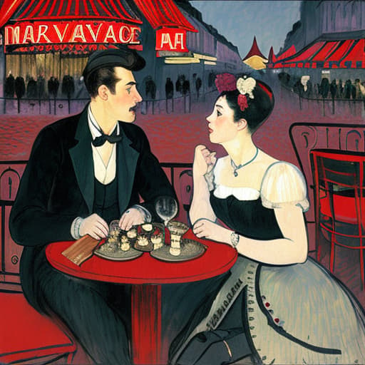  attractive young Parisian couple dressed in modern designer outfits who are romantically together in Paris. Foreground a small plate of fine dark chocolates on a small wooden table. Background dusk with a light of the inside the Moulin Rouge during a show. Painting style of Henri de Toulouse-Lautrec