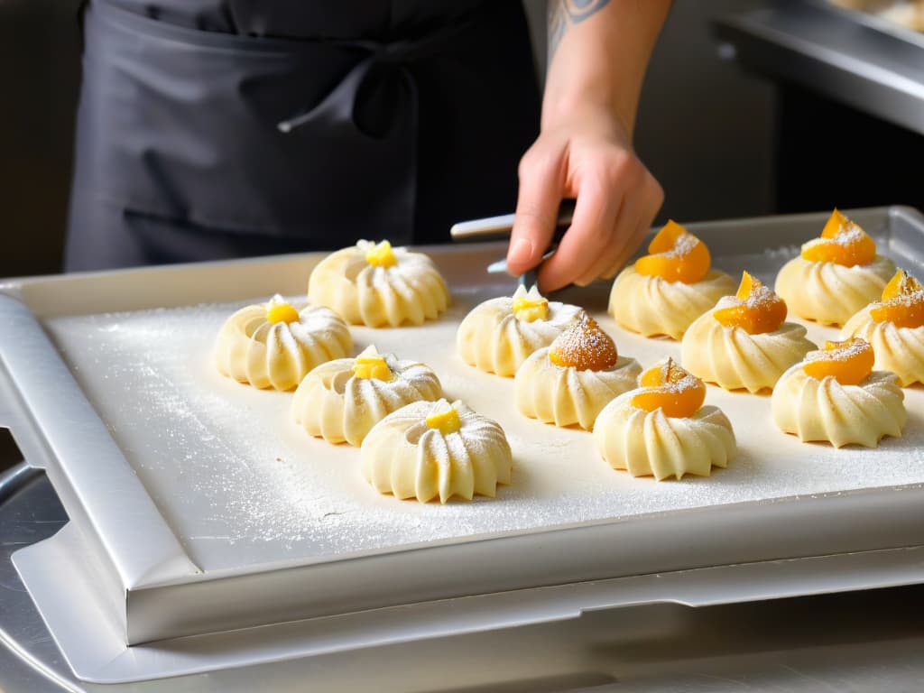  A closeup, ultradetailed image of a professional pastry chef meticulously piping delicate glutenfree pastries onto a baking tray, showcasing the intricate technique and precision required in glutenfree baking. The chef's hands are steady and focused, with the camera capturing every tiny detail of the process, from the texture of the dough to the precise movements of the piping bag. The background is a modern, wellequipped bakery kitchen, adding a sense of professionalism and expertise to the image. hyperrealistic, full body, detailed clothing, highly detailed, cinematic lighting, stunningly beautiful, intricate, sharp focus, f/1. 8, 85mm, (centered image composition), (professionally color graded), ((bright soft diffused light)), volumetric fog, trending on instagram, trending on tumblr, HDR 4K, 8K