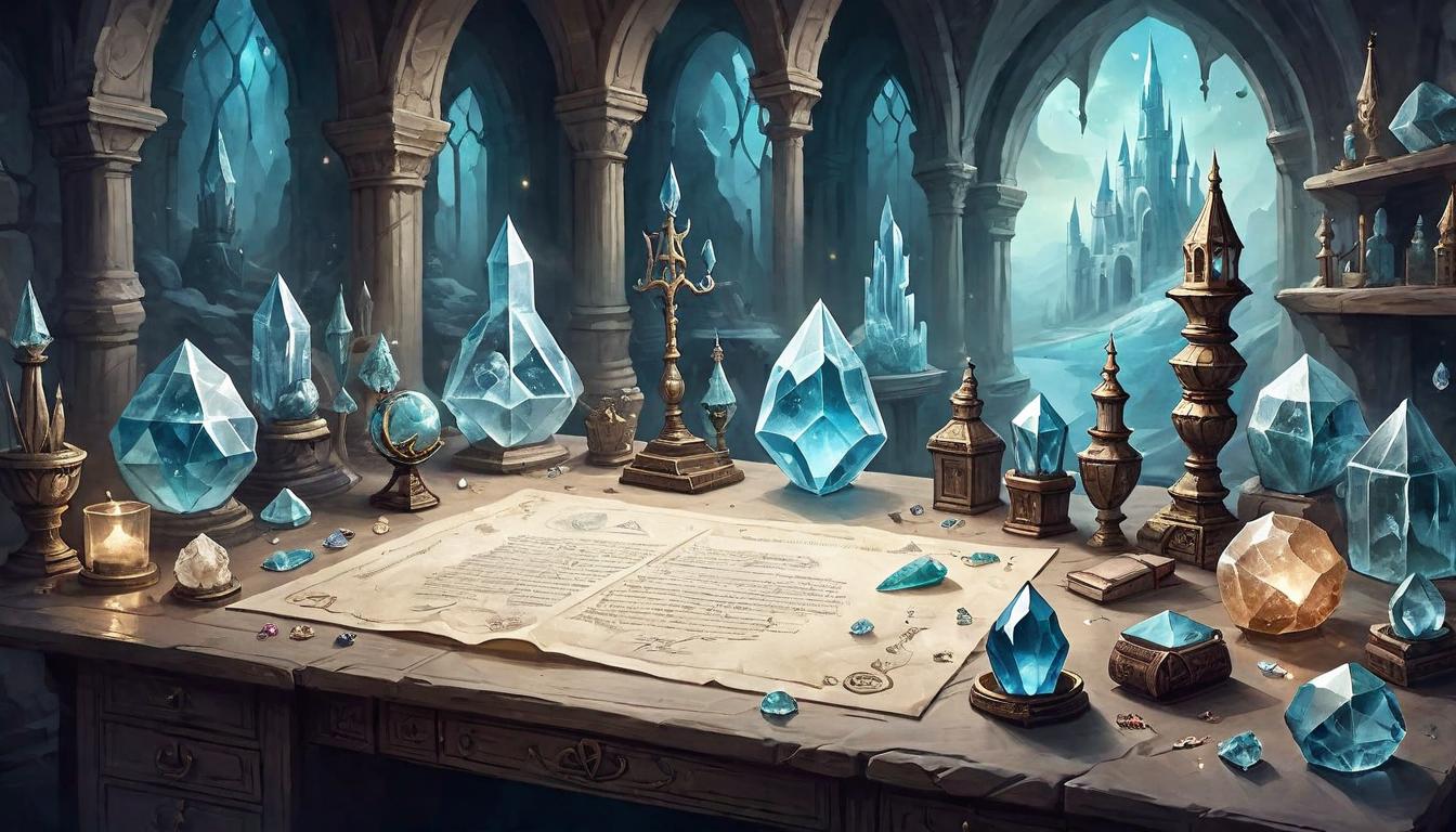  on parchment, surrealism+++, Crystals placed around a workspace, arranged with care, soft glows, enhancing the environment, peaceful, focused(mysterious, provocative, symbolic,muted color)+++