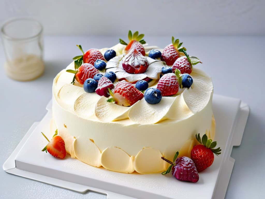  A closeup, highly detailed image of a perfectly baked pavlova base, showcasing a glossy, crisp exterior with delicate cracks, set on a pristine white plate. The meringue is beautifully swirled and slightly golden, with a light dusting of powdered sugar and adorned with a vibrant arrangement of fresh berries like strawberries, blueberries, and raspberries, along with a few sprigs of mint for a pop of color. The lighting is soft, emphasizing the texture and colors of the dessert, creating an inviting and visually appealing composition. hyperrealistic, full body, detailed clothing, highly detailed, cinematic lighting, stunningly beautiful, intricate, sharp focus, f/1. 8, 85mm, (centered image composition), (professionally color graded), ((bright soft diffused light)), volumetric fog, trending on instagram, trending on tumblr, HDR 4K, 8K