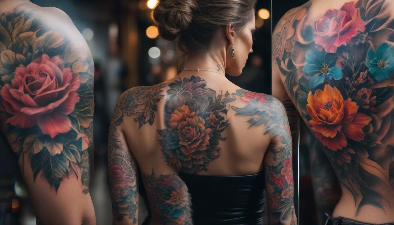  "Colorful tattoo on a woman's back" hyperrealistic, full body, detailed clothing, highly detailed, cinematic lighting, stunningly beautiful, intricate, sharp focus, f/1. 8, 85mm, (centered image composition), (professionally color graded), ((bright soft diffused light)), volumetric fog, trending on instagram, trending on tumblr, HDR 4K, 8K