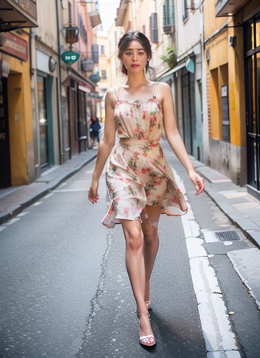  Full body shot, RAW Photo: a woman wear a vibrant, floral printed dress with a fitted bodice and flowing skirt, walking on a street I a beautiful street in Italia, raw photo, cinematic lighting, Medium shot, highly detailed glossy eyes, high detailed skin, ADVERTISING PHOTO, high quality, ultrahigh resolution, highly detailed, (sharp focus), masterpiece