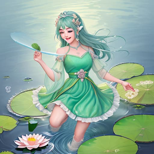  The mascot is a cute fairy with lotus and water ripples. She looks delicate and cute. She wears a beautiful lotus green dress with delicate water ripples. She wears a lotus-shaped hair accessory with sparkling water drops. She has a pair of bright big eyes and a smile, kindness and warmth. The mascot's arms and are rippled, making her look more lively. She holds a lotus flower in her hand, symbolizing happiness and good luck. ，