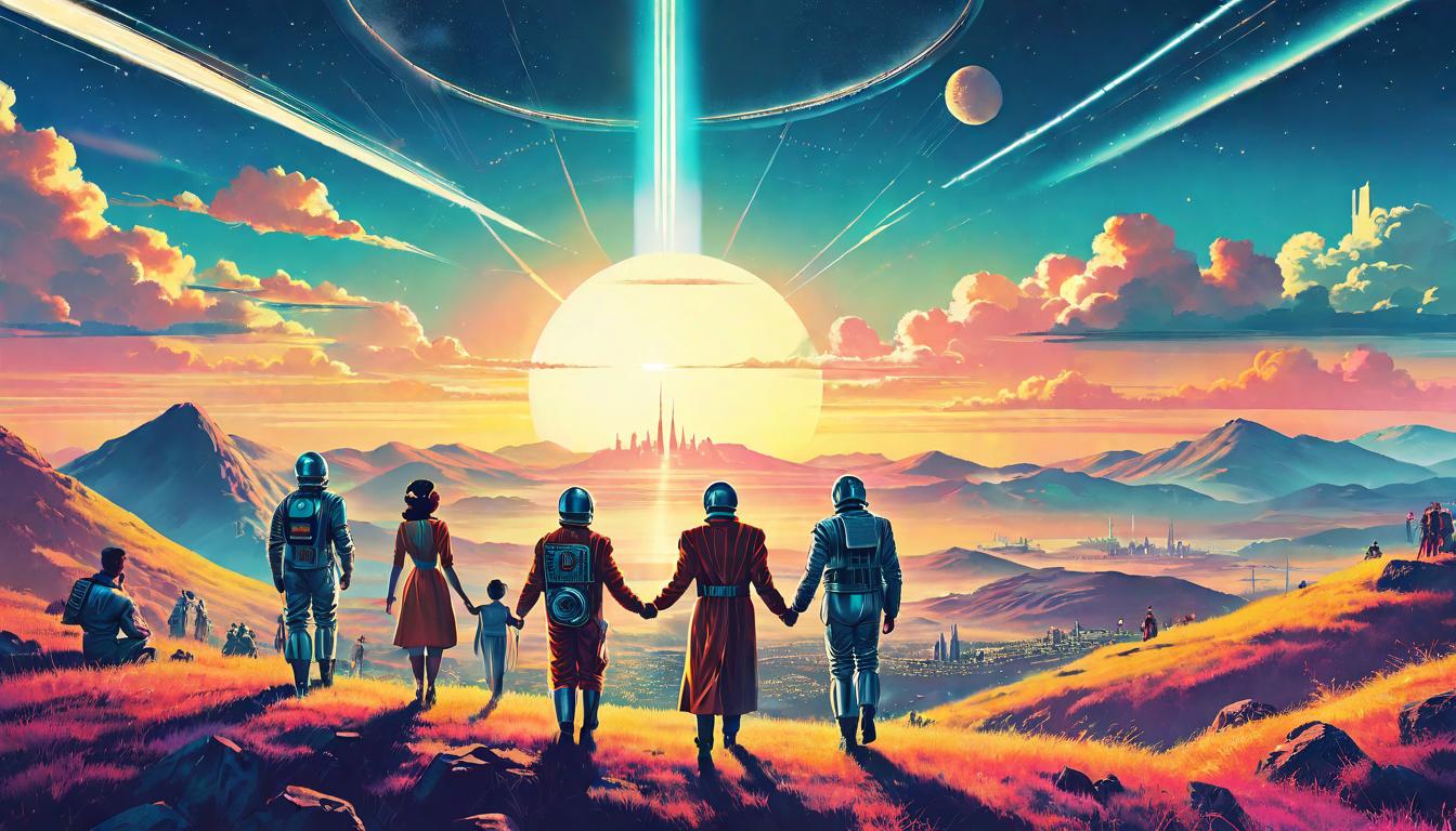  retro futuristic A group of diverse people, various genders, holding hands on a hilltop, watching the sunrise, hope on the horizon, unity in diversity, envisioning a brighter future lvintage sci fi, 50s and 60s style, atomic age, vibrant, highly detailed