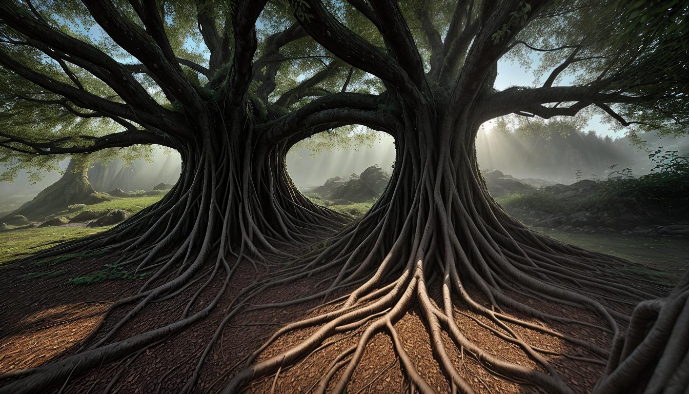  cinematic, aesthetic, Intricate web of roots, intertwining, growing from a central heart, roots detailed with veins and textures, heart glowing, veins radiating outward, deeply connected, organic, fundamental values, 4k, HDR, lens flare