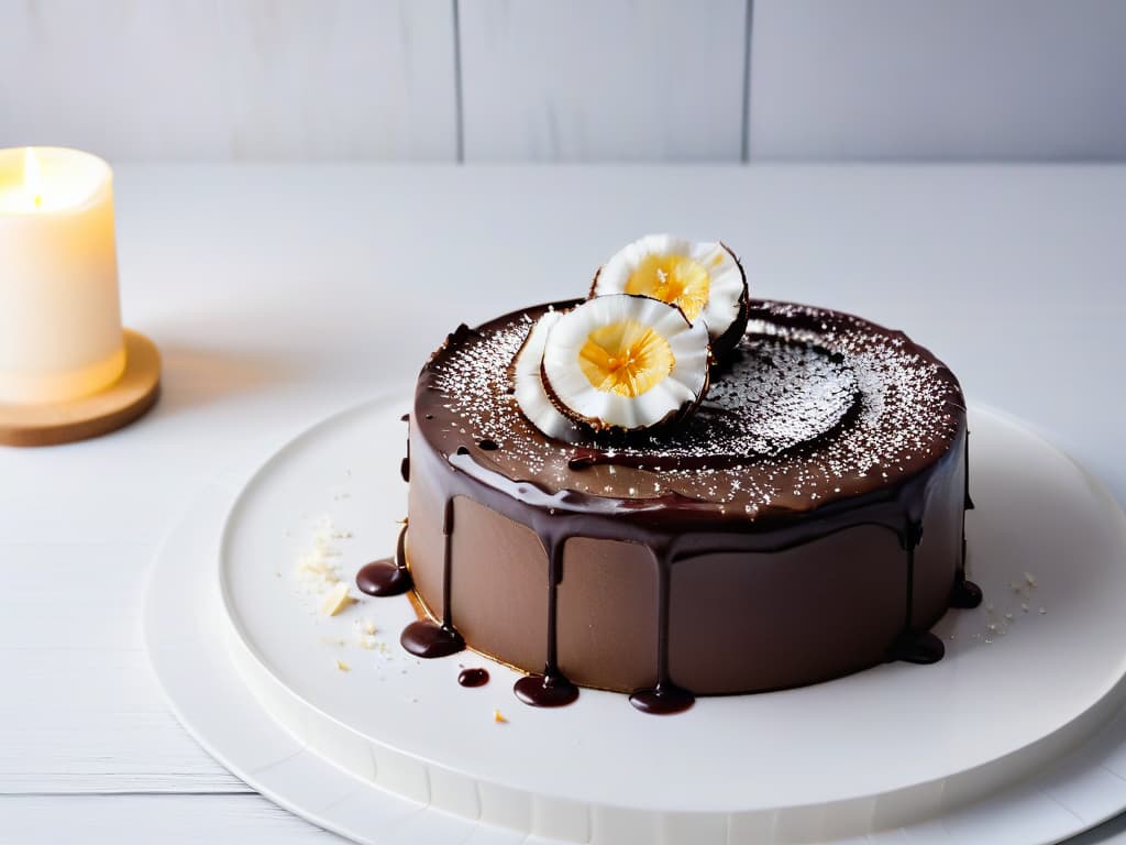  An ultradetailed closeup image of a decadent chocolate cake drizzled with glossy melted coconut oil, with delicate flakes of toasted coconut sprinkled on top, set on a sleek, modern white dessert plate against a softfocus background of a kitchen with minimalist decor. The lighting is impeccable, showcasing the rich textures and vibrant colors of the dessert, inviting the viewer to indulge in the luxurious yet healthy treat. hyperrealistic, full body, detailed clothing, highly detailed, cinematic lighting, stunningly beautiful, intricate, sharp focus, f/1. 8, 85mm, (centered image composition), (professionally color graded), ((bright soft diffused light)), volumetric fog, trending on instagram, trending on tumblr, HDR 4K, 8K