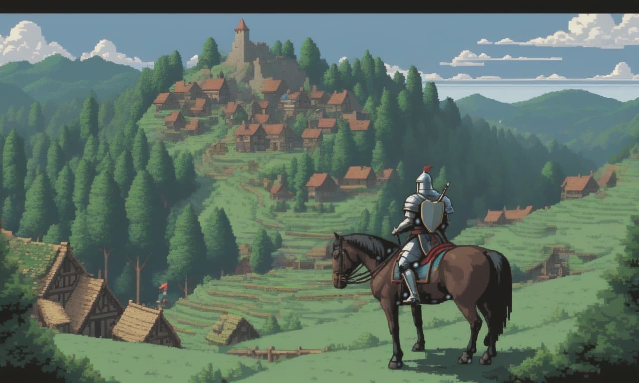  pixel art "Pixel art, 16 bit. In the foreground, there is a knight on a horse on a hill in the woods, who is looking at a small village in the distance. There are no high buildings in the village. The image should be suitable for a 2D 16 bit game. The image is drawn in pixels." in English: "Pixel art, 16 bit. There is a knight on a horse on a hill in the woods in the foreground, looking at a small village in the distance. There are no high buildings in the village. The image is suitable as a 2D 16 bit game pixel art, with dimensions 32x32 pixels." . low res, blocky, pixel art style, 8 bit graphics hyperrealistic, full body, detailed clothing, highly detailed, cinematic lighting, stunningly beautiful, intricate, sharp focus, f/1. 8, 85mm, (centered image composition), (professionally color graded), ((bright soft diffused light)), volumetric fog, trending on instagram, trending on tumblr, HDR 4K, 8K