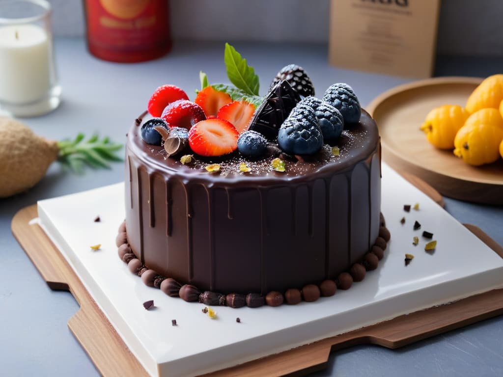  A closeup, ultradetailed image of a rich and indulgent vegan dark chocolate cake with a glossy ganache glaze, sprinkled with cocoa nibs and delicate flakes of sea salt. The cake sits on a sleek, modern white plate, set against a softfocus background of a bustling farmer's market showcasing vibrant displays of fresh fruit and vegetables. The play of light on the cake highlights its decadent texture, inviting the viewer to savor the benefits of incorporating vegan dark chocolate into their baking endeavors. hyperrealistic, full body, detailed clothing, highly detailed, cinematic lighting, stunningly beautiful, intricate, sharp focus, f/1. 8, 85mm, (centered image composition), (professionally color graded), ((bright soft diffused light)), volumetric fog, trending on instagram, trending on tumblr, HDR 4K, 8K