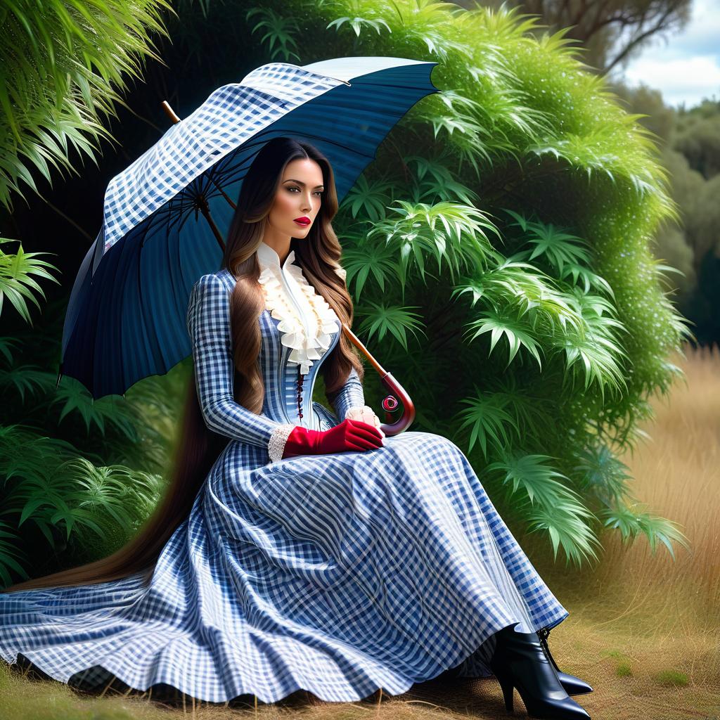  beautiful girl with gorgeous long hair in an elegant 19th century dress sitting on a plaid next to a beautiful umbrella near a huge palmarosa bush, in its shade, palmarosa bush in the foreground hyperrealistic, full body, detailed clothing, highly detailed, cinematic lighting, stunningly beautiful, intricate, sharp focus, f/1. 8, 85mm, (centered image composition), (professionally color graded), ((bright soft diffused light)), volumetric fog, trending on instagram, trending on tumblr, HDR 4K, 8K