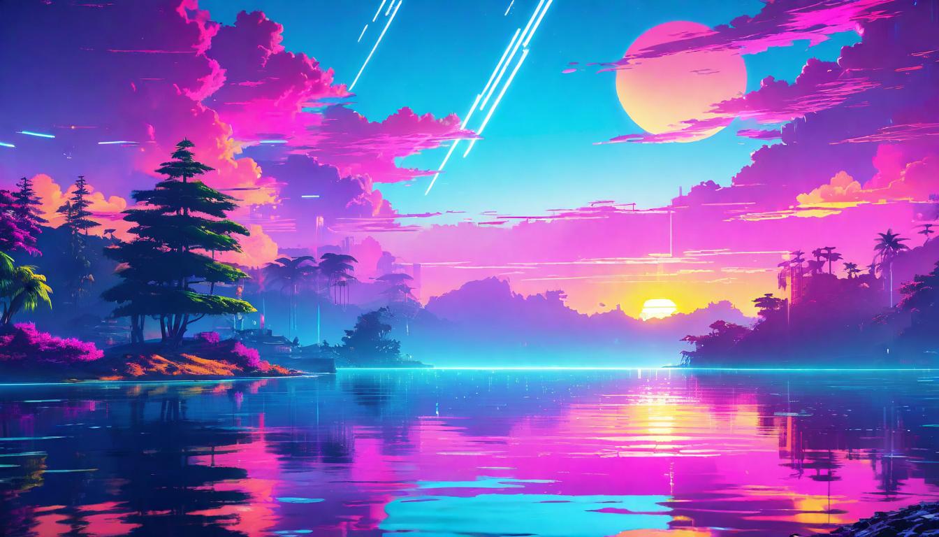  vaporwave,cyberpunk game style Sunrise over a tranquil lake, first rays breaking the night's stillness, symbolizing transformative renewal and the impact of positive shift in being.eon, dystopian, futuristic, digital, vibrant, detailed, high contrast, reminiscent of cyberpunk genre video games,retro aesthetic, cyberpunk, vibrant, neon colors, vintage 80s and 90s style, highly detailed