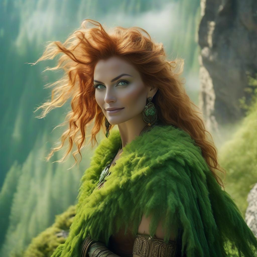  cinematic photo Goddess of the Earth, mistress of the mountain, spirit of the land, beautiful woman, chestnut hair, green eyes, smile, jewelry made of green stones in her hair, mist and cliffs, mystery, danger. . 35mm photograph, film, bokeh, professional, 4k, highly detailed hyperrealistic, full body, detailed clothing, highly detailed, cinematic lighting, stunningly beautiful, intricate, sharp focus, f/1. 8, 85mm, (centered image composition), (professionally color graded), ((bright soft diffused light)), volumetric fog, trending on instagram, trending on tumblr, HDR 4K, 8K