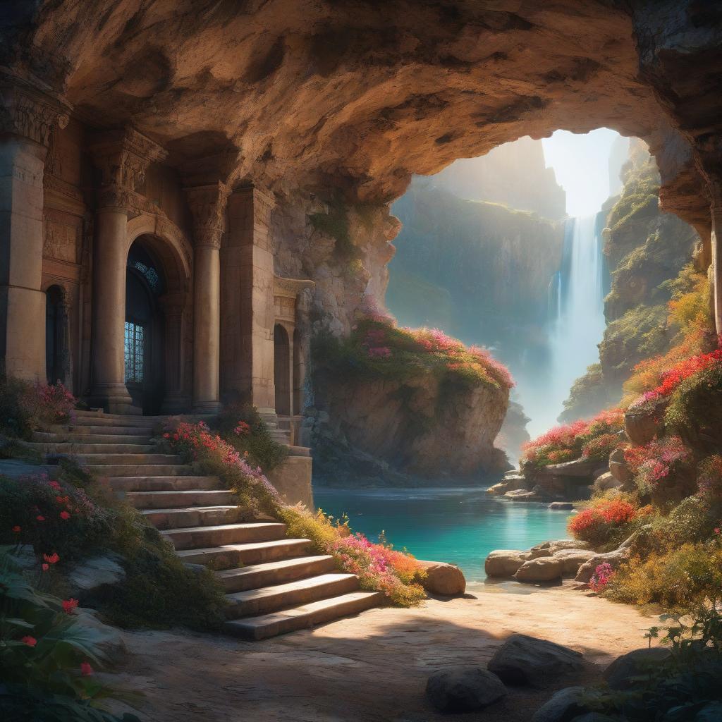  cinematic film still style by Bec Winnel,best quality,high resolution,8k,low angle,sunset,intricate luminous,vivid light ray ethereal fantasy concept art of {the luxury man's cave cabin detailed limestone,rocky beach fontain park floral enchanted artistic glowing background,detailed oasis} . magnificent, celestial, ethereal, painterly, epic, majestic, magical, fantasy art, cover art, dreamy inspired by andre kohn . shallow depth of field, vignette, highly detailed, high budget, bokeh, cinemascope, moody, epic, gorgeous, film grain, grainy hyperrealistic, full body, detailed clothing, highly detailed, cinematic lighting, stunningly beautiful, intricate, sharp focus, f/1. 8, 85mm, (centered image composition), (professionally color graded), ((bright soft diffused light)), volumetric fog, trending on instagram, trending on tumblr, HDR 4K, 8K