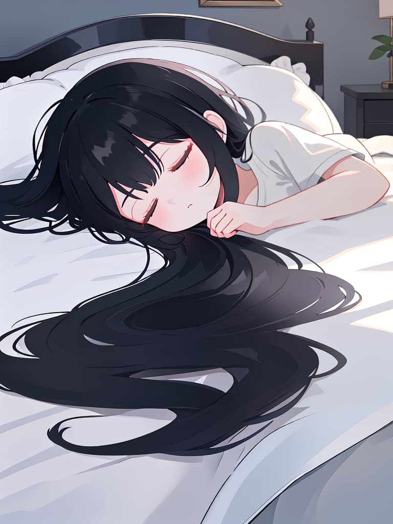  Girl, sleeping in bed, from the side, neighbor, black hair, masterpiece, best quality,8k,ultra detailed,high resolution,an extremely delicate and beautiful,hyper detail