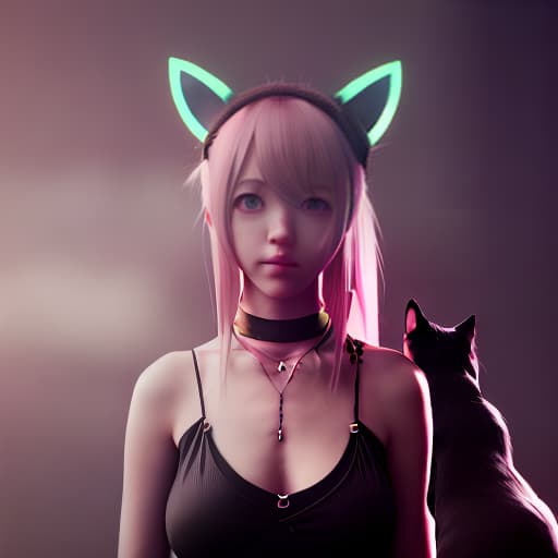 redshift style an anime girl with cat ears cat tail cat eyes walking into a realistic world