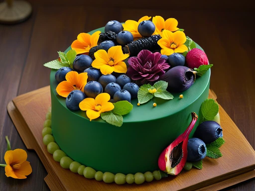  A visually striking, minimalist image of a vibrant array of edible flowers and fruits, showcasing a spectrum of natural colors like deep purples, bright yellows, rich reds, and lush greens. The image should be crisp, detailed, and highly realistic, highlighting the beauty and versatility of using edible colors in baking and pastry creations. hyperrealistic, full body, detailed clothing, highly detailed, cinematic lighting, stunningly beautiful, intricate, sharp focus, f/1. 8, 85mm, (centered image composition), (professionally color graded), ((bright soft diffused light)), volumetric fog, trending on instagram, trending on tumblr, HDR 4K, 8K