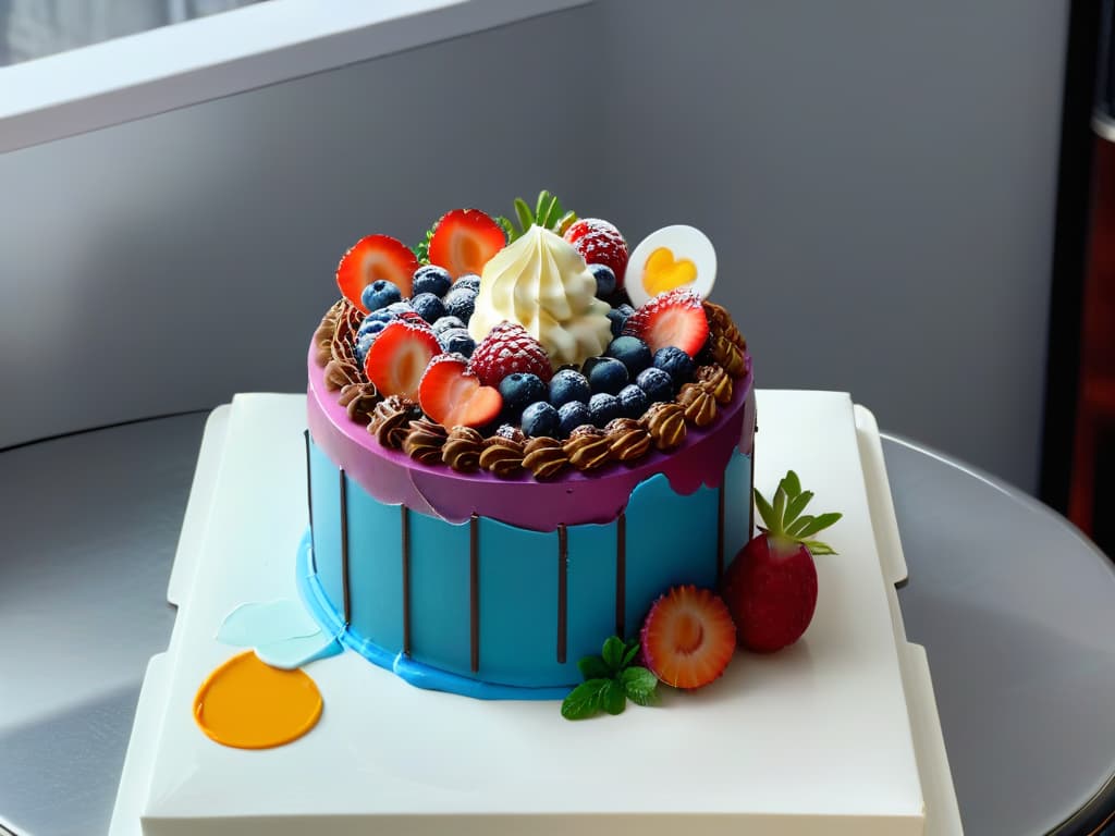  A highresolution, minimalist image of a beautifully decorated cake with intricate details made using augmented reality technology, showcasing vibrant colors and realistic textures in a visually stunning display. The cake is surrounded by digital elements like floating ingredients, recipe instructions, and interactive tools, highlighting the innovative and immersive experience of augmented reality in pastry making. hyperrealistic, full body, detailed clothing, highly detailed, cinematic lighting, stunningly beautiful, intricate, sharp focus, f/1. 8, 85mm, (centered image composition), (professionally color graded), ((bright soft diffused light)), volumetric fog, trending on instagram, trending on tumblr, HDR 4K, 8K