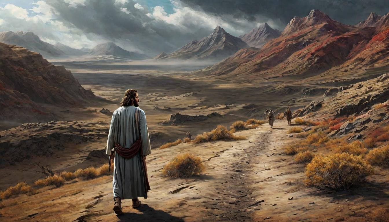  digital illustration, Jesus, tattered and weary, walking through a barren wilderness, desolate landscape, determined stride, resolute, persevering, looking at viewer, dynamic pose, (intricate details, masterpiece, best quality)