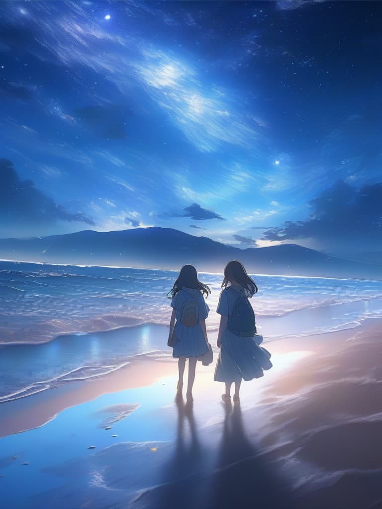  The background is sandy beaches and sea, the sky is starry sky, high school girls, three are looking up at the starry sky while walking., masterpiece, best quality,8k,ultra detailed,high resolution,an extremely delicate and beautiful,hyper detail