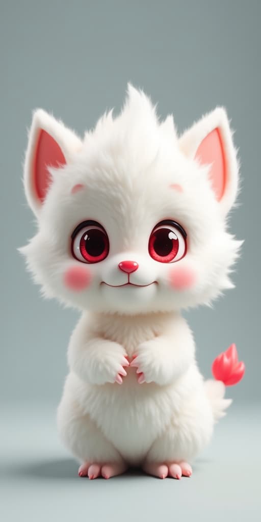  good quality, high quality, adorable fluffy white creature furry with big red eyes, pink cheeks, and playful expression standing against a gray background. cute fantasy character with soft fur and colorful details in 3d style