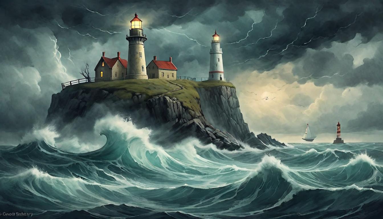  on parchment, surrealism+++, A stormy sea with a solitary lighthouse beacon struggling against the storm, unease amidst turmoil, urgency in calm, seeking alignment, beacon of truth(mysterious, provocative, symbolic,muted color)+++