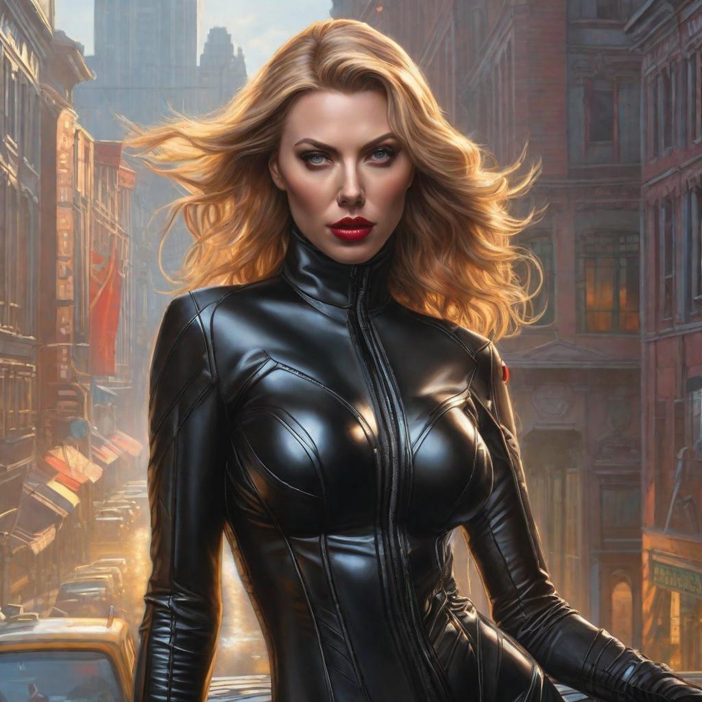  Scarlett Johansson black cat, realistic, portrait, art by donato giancola and greg rutkowski, realistic face, digital art, trending on artstation hyperrealistic, full body, detailed clothing, highly detailed, cinematic lighting, stunningly beautiful, intricate, sharp focus, f/1. 8, 85mm, (centered image composition), (professionally color graded), ((bright soft diffused light)), volumetric fog, trending on instagram, trending on tumblr, HDR 4K, 8K