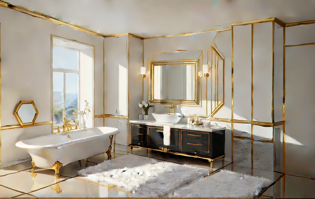  Luxurious bathroom interior with a golden freestanding bathtub, black floor, white fluffy rug, wooden accents, elegant mirror, and a picturesque view from the window, natural light, detailed, realistic, style RAW ar 16:9, best quality, high resolution, sharp focus, in frame, (perfect image composition), ((masterpiece)), (professionally color graded), ((bright soft diffused light)), <lora:more details:0>, epiCRealism, <lyco:Mangled Merge Lyco:0>