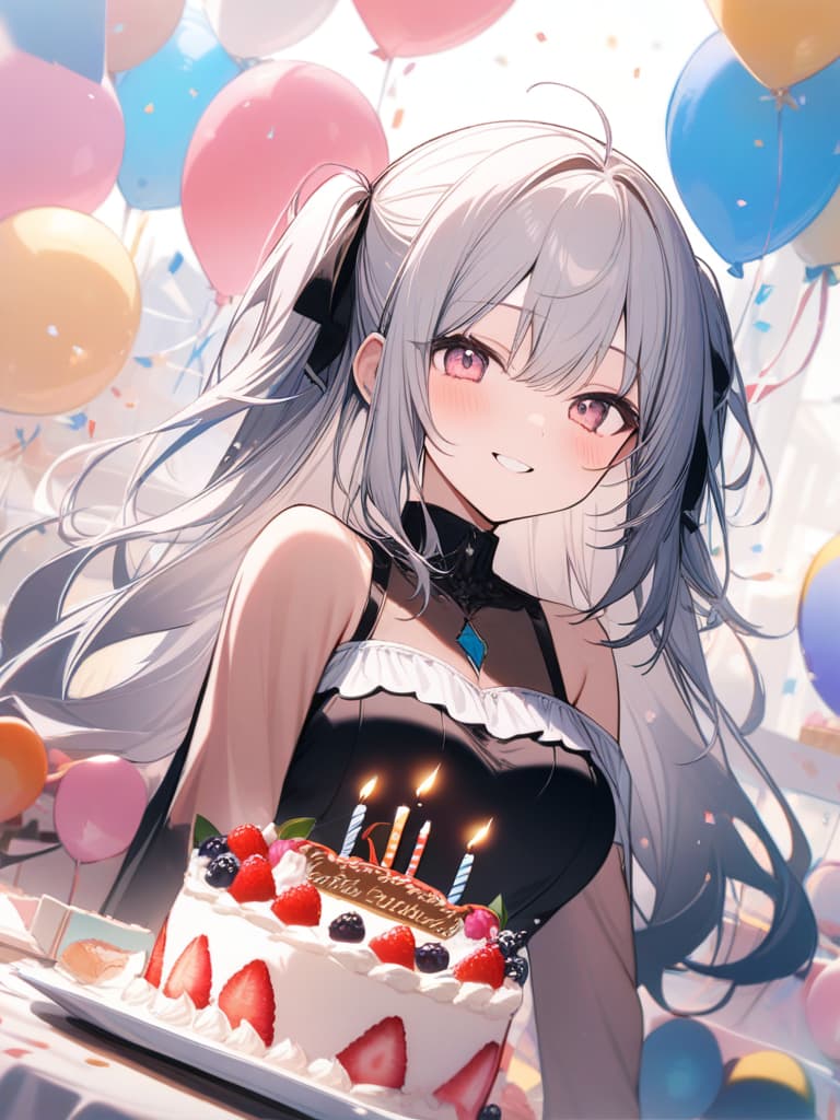  1 Girl, solo, white hair, dark pink, gradation, twosideup, long hair, smile, birthday, cake, cute, pink, balloon, celebration, masterpiece, best quality,8k,ultra detailed,high resolution,an extremely delicate and beautiful,hyper detail