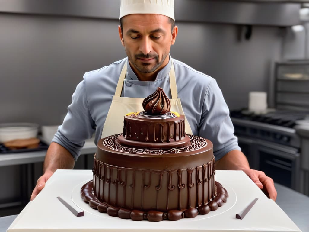  An ultradetailed image of Amaury Guichon meticulously crafting a delicate chocolate sculpture, showcasing intricate swirls and precise details under bright studio lighting. The focus is on his hands expertly sculpting the chocolate, with tools and ingredients neatly arranged around him in a sleek, minimalist kitchen setting. Each reflection and texture is captured with stunning clarity, emphasizing the precision and skill of the maestro chocolatero. hyperrealistic, full body, detailed clothing, highly detailed, cinematic lighting, stunningly beautiful, intricate, sharp focus, f/1. 8, 85mm, (centered image composition), (professionally color graded), ((bright soft diffused light)), volumetric fog, trending on instagram, trending on tumblr, HDR 4K, 8K