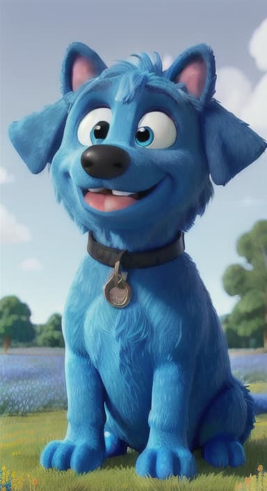  {A happy, big blue dog wagging its tail in a colorful meadow, The big blue dog is large with sky blue fur, big round eyes, a black nose, and floppy ears.