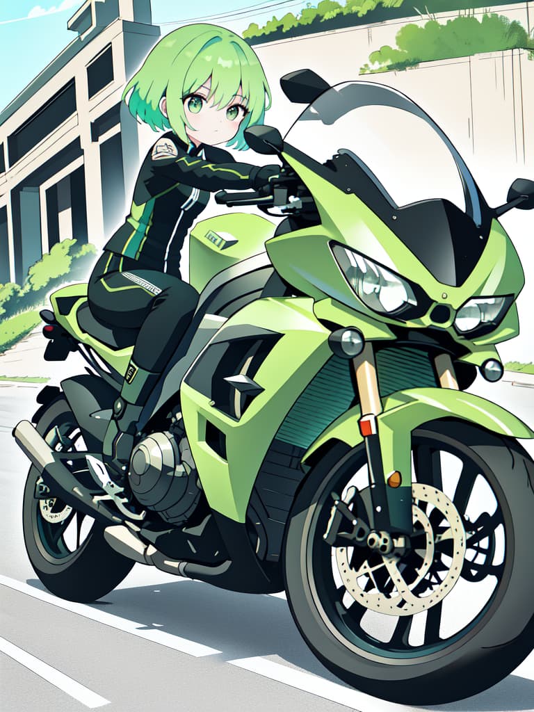  Motorcycle green hair character, detailed subject, precision shadow, delicate linear, detailed fine line, ultra high image quality, 4K, 8K, masterpiece, best quality,8k,ultra detailed,high resolution,an extremely delicate and beautiful,hyper detail