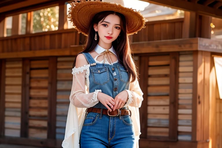  (:1.4), :1.4 , Cow , wild west, , beautiful, cowboy hat, western town, jeans, masterpiece, (detailed face), (detailed clothes), f/1.4, ISO 200, 1/160s, 4K, unedited, symmetrical balance, in-frame, masterpiece, perfect lighting, (beautiful face), (detailed face), (detailed clothes), 1 , (woman), 4K, ultrarealistic, unedited, symmetrical balance, in-frame