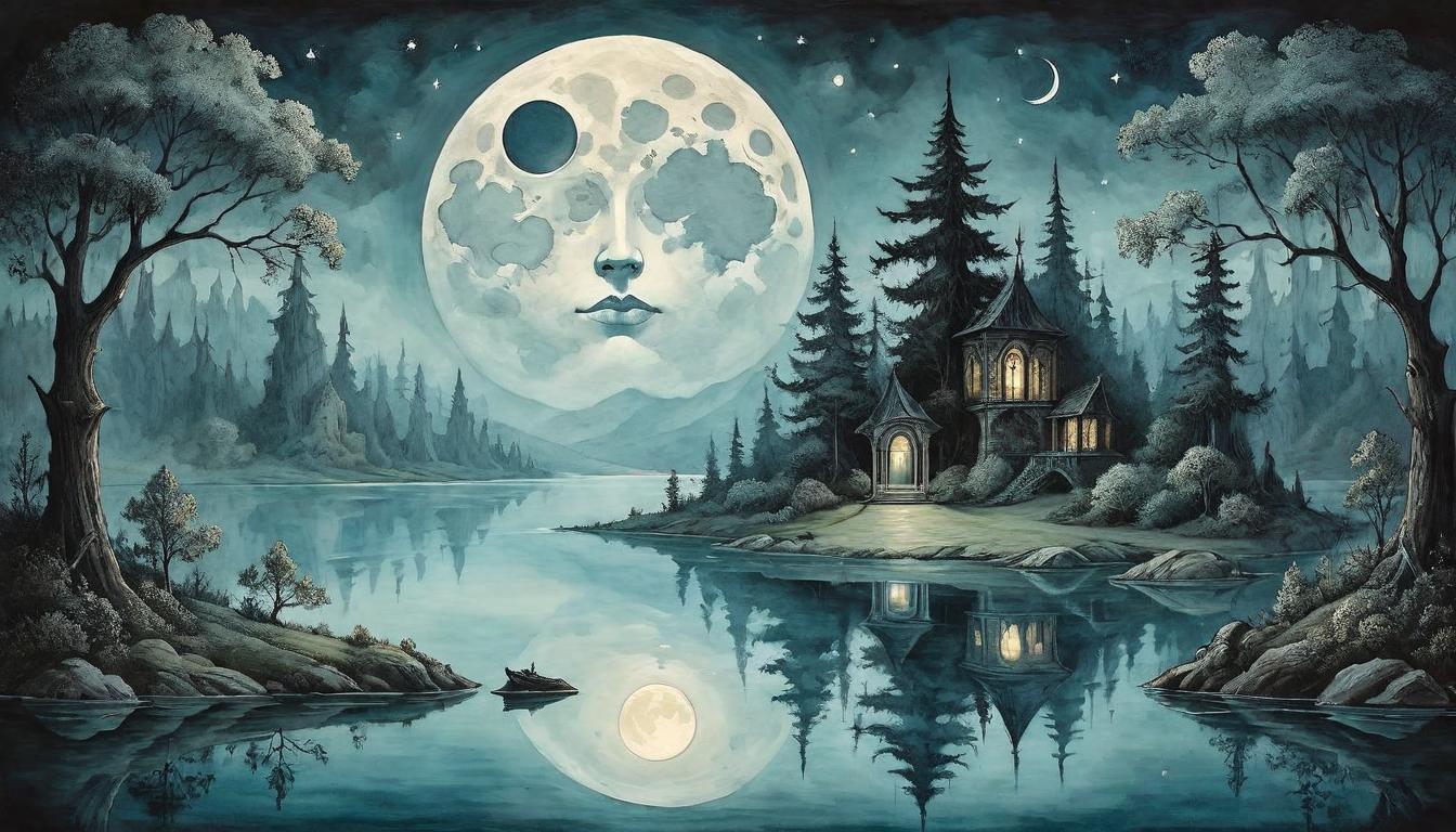  on parchment, surrealism+++, A serene lake reflecting the dual faces of a moon, one bright and full, the other obscured by shadow, tranquil waters mirroring the balance of joy and sorrow, reflective symmetry, peaceful dichotomy(mysterious, provocative, symbolic,muted color)+++