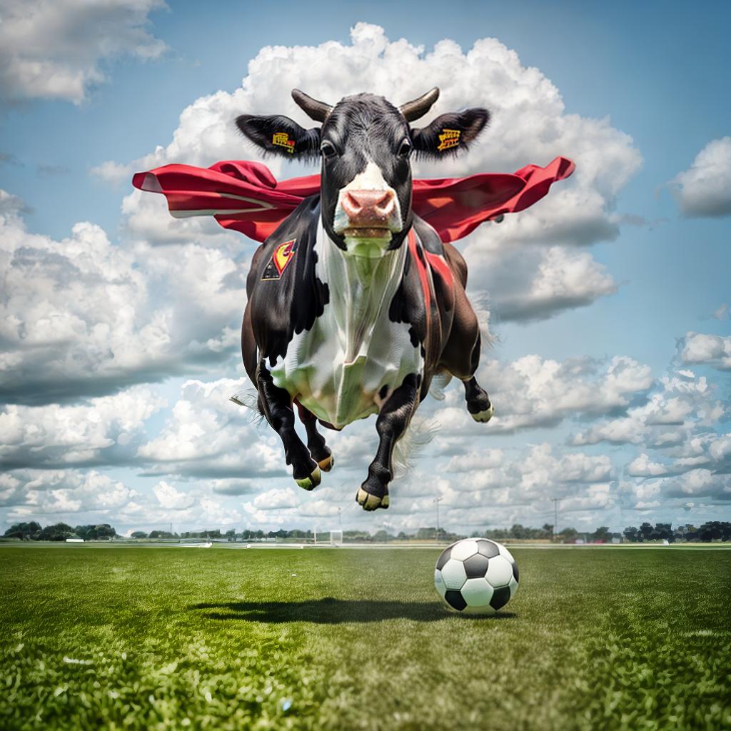  a flying cow, superman cape, flying in football station on mastership, best quality, masterpiece