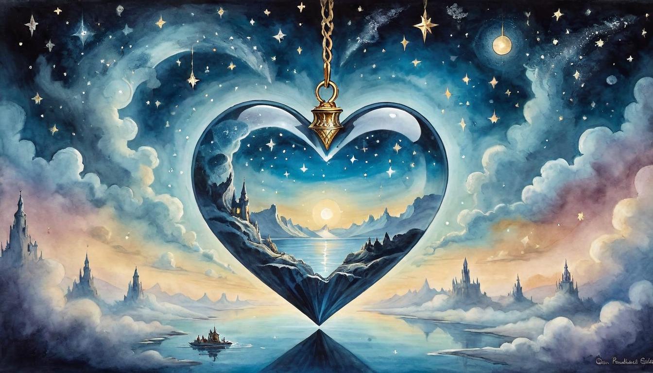  on parchment, surrealism+++, A crystal clear heart, suspended in a velvet sky, stars reflecting upon its facets, clarity, serenity, introspection(mysterious, provocative, symbolic,muted color)+++