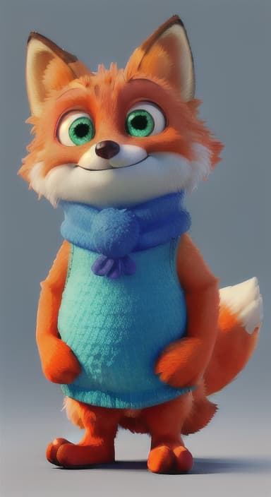  {Error the fox pressing the blue button with his paw, looking puzzled as nothing occurs., Error is a small, bright orange fox with a fluffy tail and big, inquisitive eyes. He has a mischievous yet kind expression and wears a tiny green scarf.